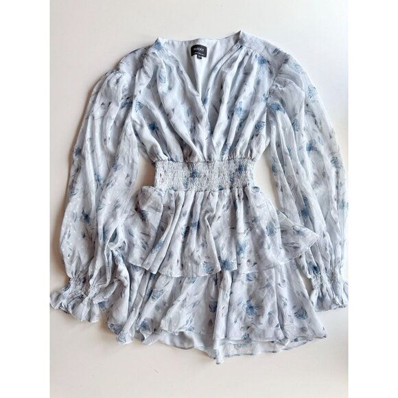 BARDOT Malina Light Blue Floral Chiffon Long Sleeve Ruffle Mini Dress, Size 6/S - Picture 4 of 13